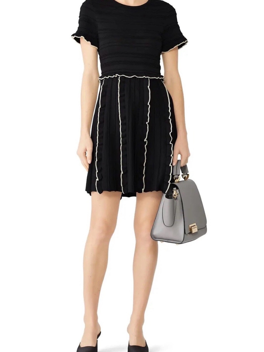 Parker Lenny Women Black Ruffle-Trim Knit Mini Sweater Dress Size S Small